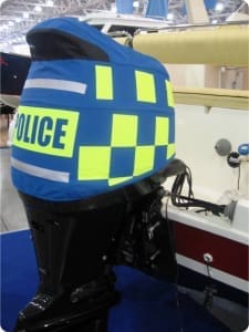 Suzuki DF140 vented outboard cover on a Russian police boat.                                 