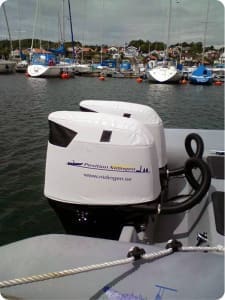 Suzuki DF250 branded pair of Vented outboard Splash covers in Sweden.